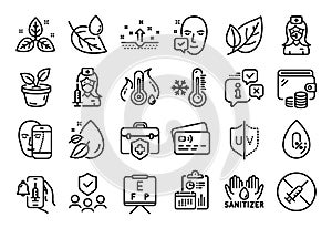 Vector set of Leaf dew, Uv protection and Face biometrics line icons set. Vector