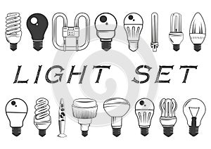 Vector set of light bulbs isolated on white background. Illustration in vintage style. Icons and design elements