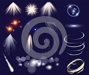 Vector set of light effects. Isolated clip art template objects. Glow light stars bursts with sparkles. Magic glitter