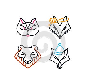 Vector set of line and color animals` icons with some human features