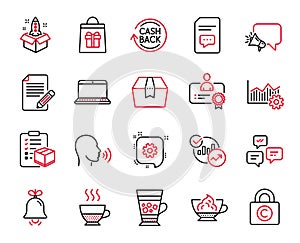 Vector Set of line icons related to Cogwheel, Parcel checklist and Notebook. Vector