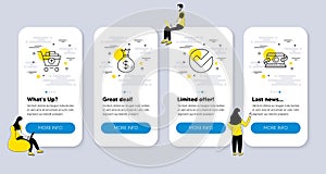 Vector Set of line icons related to Money bag, Verify and Add products. Vector