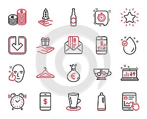 Vector Set of line icons related to Shampoo, Cloakroom and Cold coffee. Vector