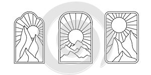 Vector set of linear boho frames with mountains, landscapes, deserts or sea. Travel emblems, symbols