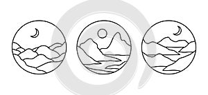 Vector set of linear boho illustrations with mountains, landscapes, deserts or sea. Travel emblems, symbols