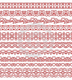 Vector set of linear endless romantic love brushes with red hearts