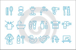 Vector set of linear icons related to bathroom and personal hygiene. Toilet, sink, hairdryer, bathrobe,shaving foam and