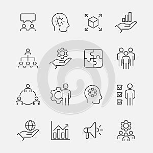 Vector set of linear icons related to business process, team work and human resource management.