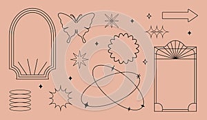 Vector set of linear minimalistic aesthetic frames, borders, geometric shapes with stars in boho and funky 2yk style