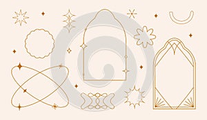 Vector set of linear minimalistic aesthetic frames, borders, geometric shapes with stars in boho and funky 2yk style