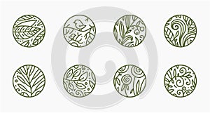 Vector set of linear nature logos. Abstract badges, eco products, cosmetics, ecology concepts, health, spa, yoga, social