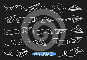 Vector set of linear paper airplanes. Hand-drawn, doodle elements isolated on white background.