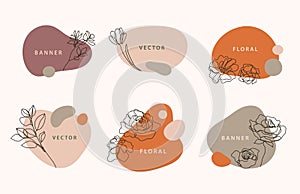 Vector set of liquid organic forms and badges set with monoline plants, leaves. Flowing shapes banners. Use for logo