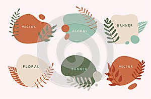 Vector set of liquid organic forms and badges set with plants, leaves. Flowing shapes banners. Template for logo