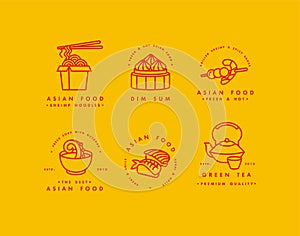 Vector set of logo design templates and emblems or badges. Asian food - noodles, dim sum, soup, sushi. Linear logos