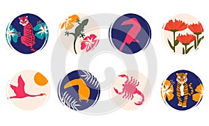 Vector set of logo design templates, icons and badges for social media highlight with cute colorful jungle and wildlife elements photo