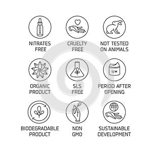 Vector set of logos, badges and icons for natural eco friendly handmade products, organic cosmetics, vegan and