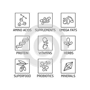 Vector set of logos, badges and icons for natural and health products. Collection symbol of healthy eating and dieting