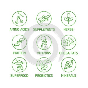 Vector set of logos, badges and icons for natural and health products. Collection symbol of healthy eating and dieting