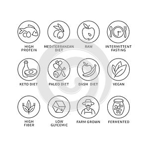 Vector set of logos, badges and icons for natural and health products. Collection symbol of healthy eating and various