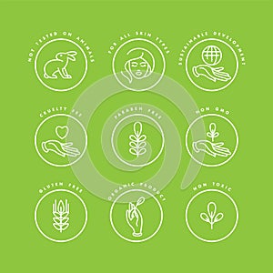 Vector set of logos, badges and icons for natural and organic products. Eco safe sign design. Collection symbol of healthy