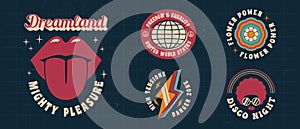 Vector set of logos in Retro Groovy style.