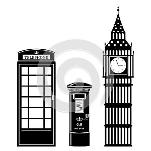 Vector set of London attractions. a set of vector silhouette illustrations of the sights of London, England.