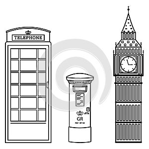 Vector set of London attractions. a set of vector silhouette illustrations of the sights of London, England.
