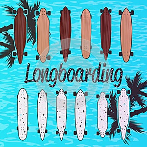 Vector set of longboard skateboards. Design elements and icons.