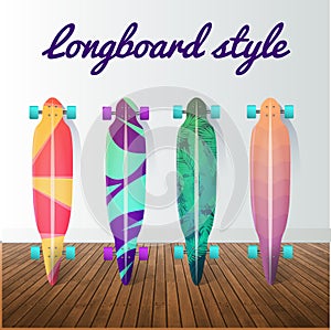 Vector set of longboard skateboards. Design elements and icons.