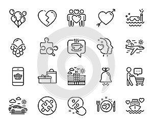 Vector set of Love, Car travel and Honeymoon cruise line icons set. Vector