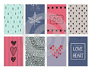 Vector set of love cards, posters, banners. Hand drawn hearts, backgrounds, leaf, birds