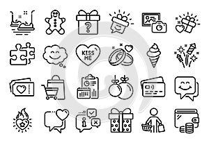 Vector set of Love tickets, Ice cream and Smile line icons set. Vector