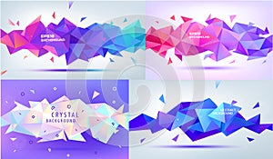 Vector set of low poly, facet, 3d geometric shapes. Modern multicolor backgrounds, horizontal banners. Illustration of