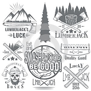 Vector set of lumberjack and woodsman vector labels in vintage style. Wood work, manufacture emblems templates.