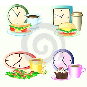 Vector set of lunch break foods, clocks and drinks