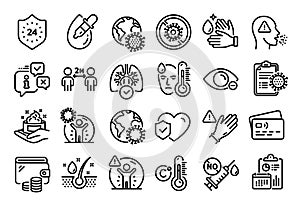 Vector set of Lungs, Coronavirus protection and Myopia line icons set. Vector