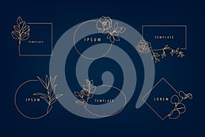 Vector set of luxury artdeco floral frames, logo design templates and monogram concepts, linear style emblems for photo