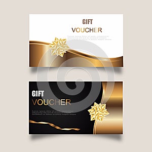 Vector set of luxury gift vouchers with ribbons and gift box. Elegant template for a festive gift card, coupon and certificate.