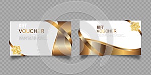 Vector set of luxury gift vouchers with ribbons and gift box. Elegant template for a festive gift card, coupon and certificate.