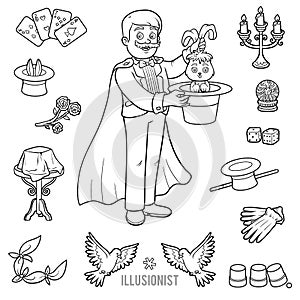 Vector set with magician and objects for magic tricks