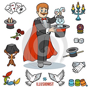 Vector set with magician and objects for magic tricks