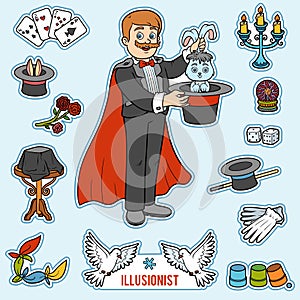 Vector set with magician and objects for magic tricks