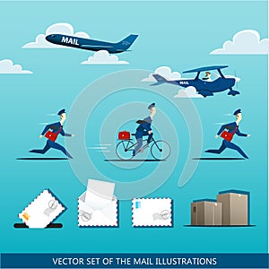 Vector set of the mail illustrations with postman, air mail plan