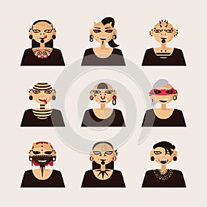 Vector set with male characters, drawn with body modifications, piercing and tattoo. Portraits in various hairstyle and styles of