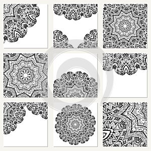 Vector set with mandala. Background abstract circle ornament. Decorative retro element. Invitation card on wedding, birthday.