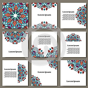 Vector set with mandala. Background abstract circle ornament. Decorative retro element. Invitation card on wedding, birthday.