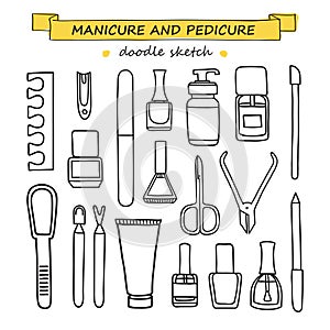 Vector set of manicure and pedicure doodle equipment.