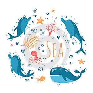 Vector set with marine items. Sea collection isolated on a white background. Whale, dolphins, octopus and coral. Vector