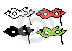 Vector set of masquerade masks in red and green colors. doodle-style carnival face mask, isolated black outline and silhouette on